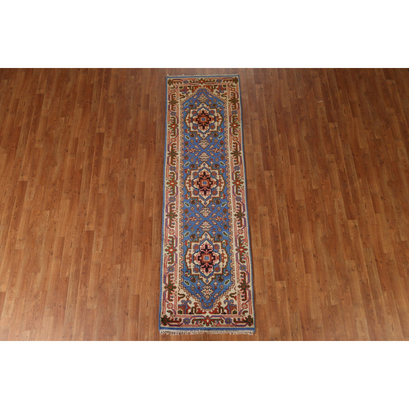 Tapis de couloir bleu en laine noué à la main de conception unique 2 pi 5 po x 8 pi 2 po New Age