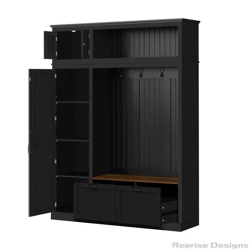 3-in-1 Hall Tree with Overhead Storage Cabinet, 3 Adjustable Side Shelves, 4 Heavy-Duty Hooks, 2 Spacious Drawers, Grooved Back Panel Design, Contrasting Seat Bench, Multifunctional Entryway Organizer