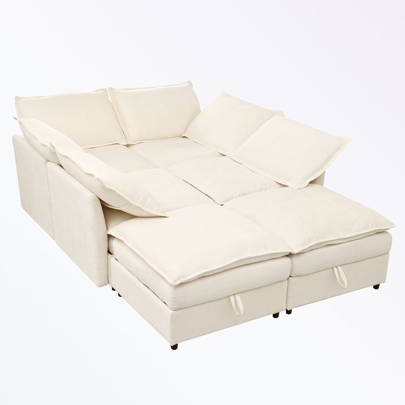 Taquila U-Shaped Sleeper Sectional Modular Sofa Bed, Belge Polyester