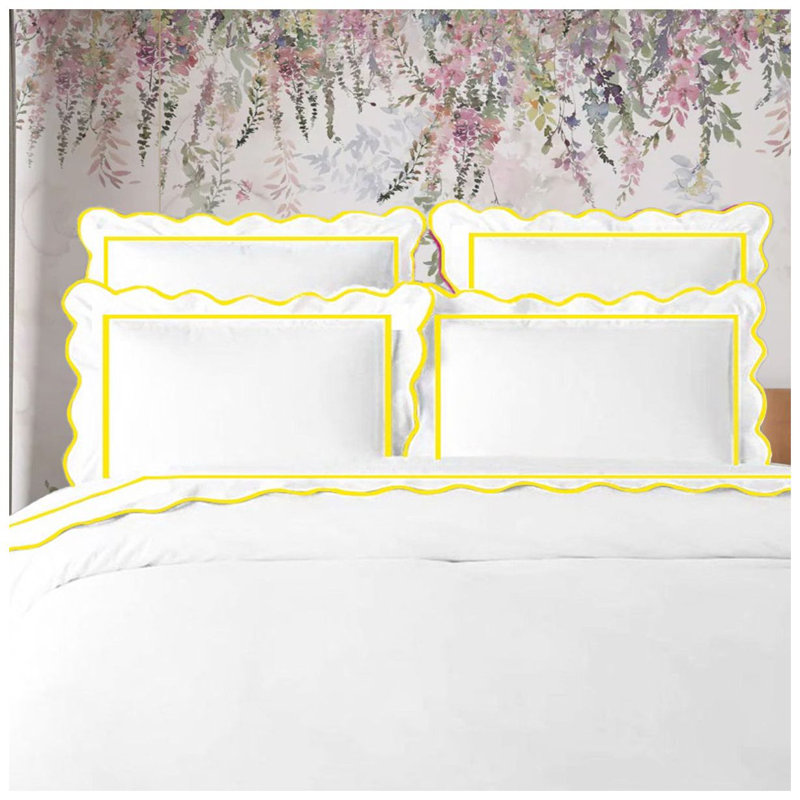 400TC Cotton Scallop Embroidery & Border Sateen Solid Duvet Cover Set, Full/Queen Duvet Cover, White/Yellow