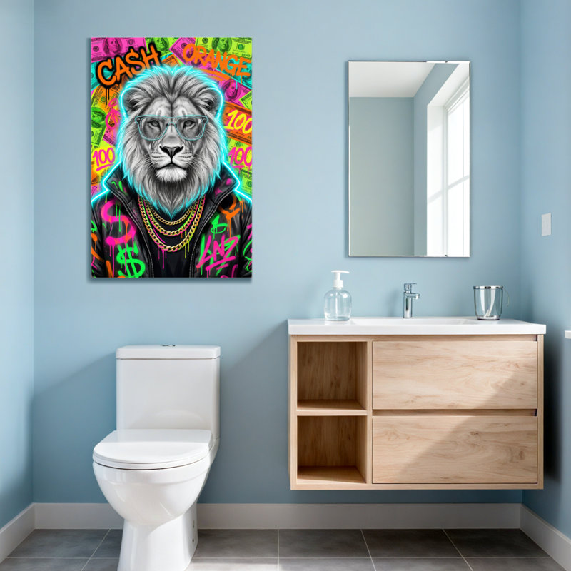Animaux, lion coloré avec des lunettes et un fond d'argent, H 24 po x l 16 po