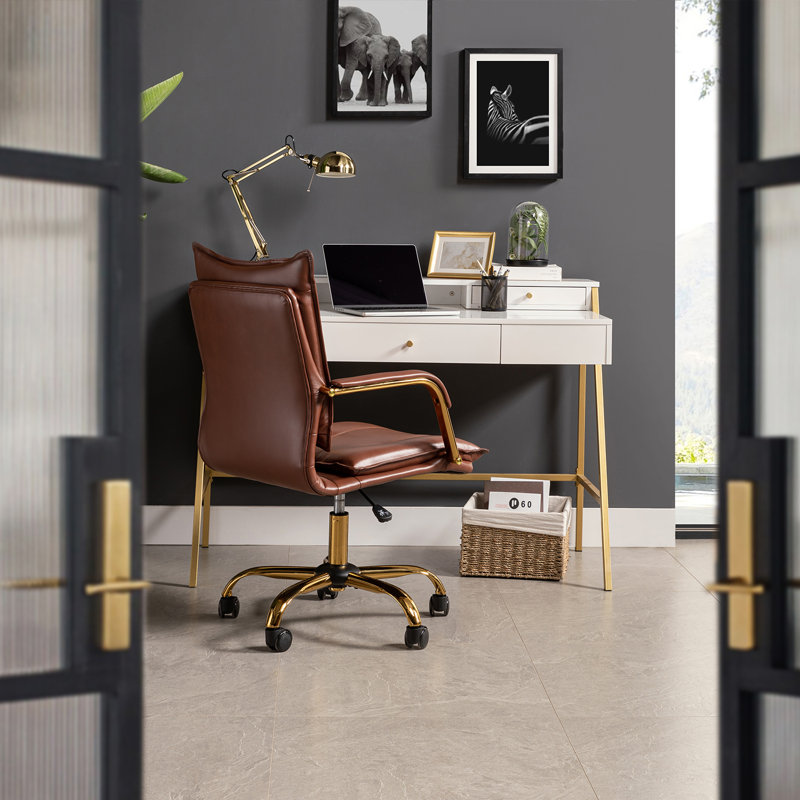 Gedrie Modern Faux Leather Swivel Office Chair, Brown, Gold