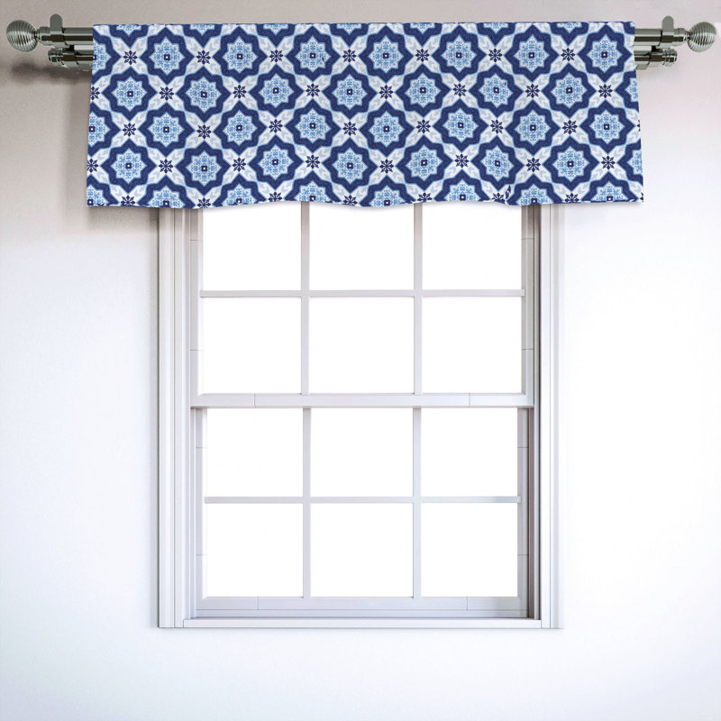 Turquoise Dark Blue Moroccan Pattern Satin Rod Pocket Valance
