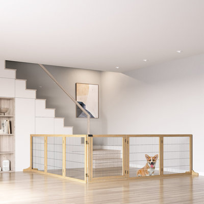 Barrière pour chien 170 po. Bloc pour animaux pliable en bois. 6 avec 2 pieds. Bois naturel pour petits et moyens chiens. Porte d'entrée sécuritaire et pratique, barrière de sécurité pour escalier.