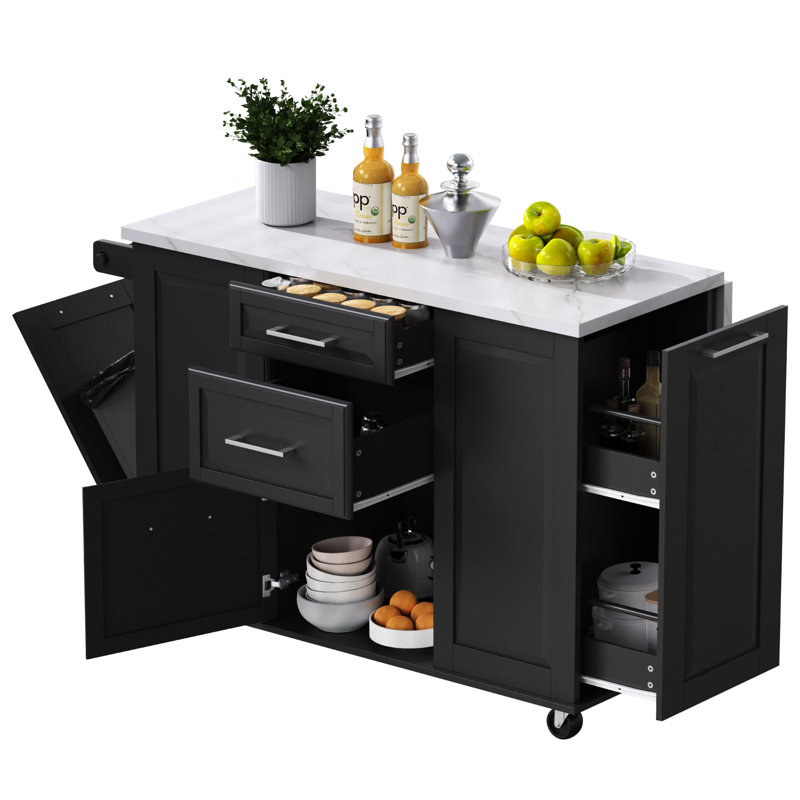 50.7" Kitchen Island with Storage Tilt Trash Can Cabinet and Pull Out Cabinet Organizer, Rolling Kitchen Island on 5 Wheels with Drop Leaf, 2 Drawers, 1Door for Kitchen, Dining Room