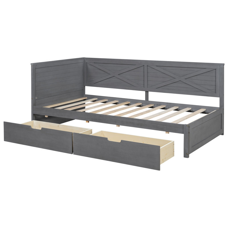Lit de jour simple en bois avec 2 tiroirs et garde-corps rustique