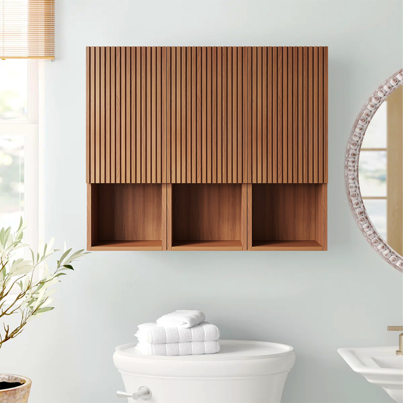 Meuble-lavabo mural moderne en noyer massif de 41,5 po avec tablette à lattes en bois massif avec tablette