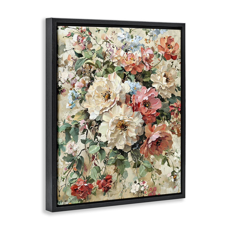 Aged Abstract Flowers Floating Frame, design by Franklyn Gregory, 21" H x 17" W, Jet Black Floater Frame