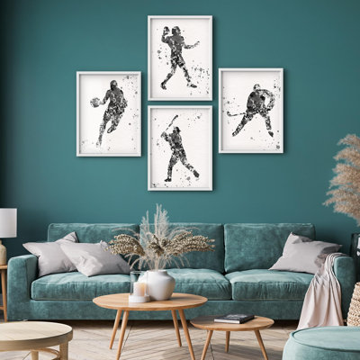 " Sports Silhouette Artwork Football Basketball Baseball Hockey Artwork Decor " 4 - Pieces