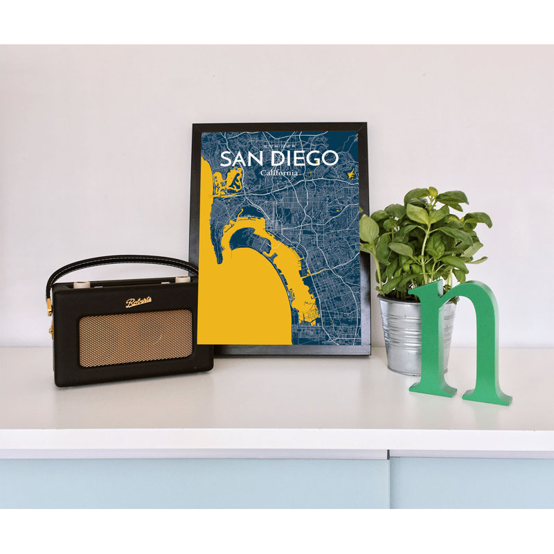 «San Diego City Map», reproduction d'impression sur affiche en bleu, H 36 po x l 24 po