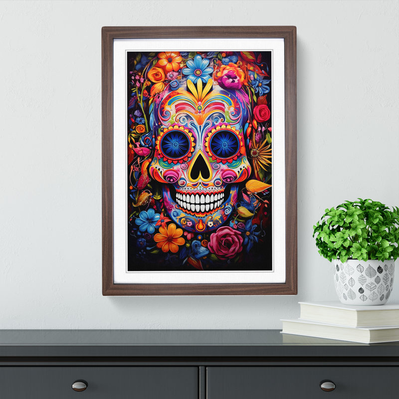 Sugar Skull Expressionism - Single Picture Frame Print on Wood, 46cm H x 34cm W x 2cm D, Walnut