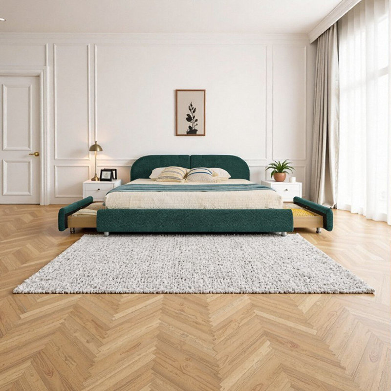 Très grande base de lit tapissier très grand style minimaliste moderne avec grande tête de lit courbée, vert, Vert