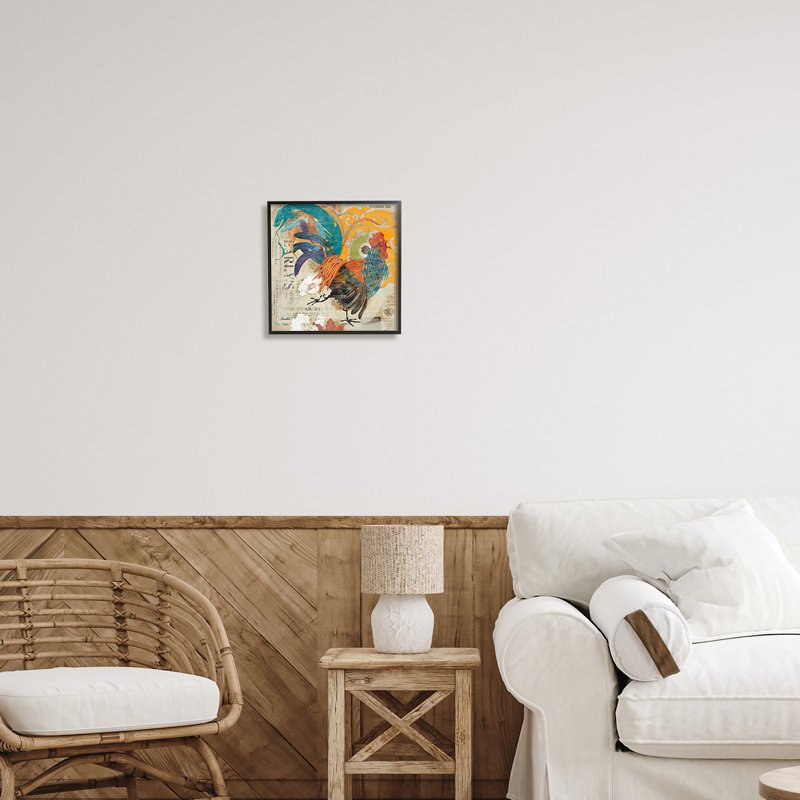 Country Rooster, collage rétro - impression, Giclée encadrée noir minuit, H 12 po x l 12 po x P 1,5 po