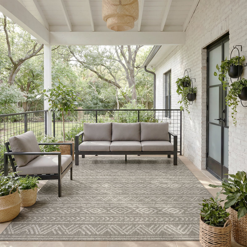 Boho UV-Resistant Woven Indoor/Outdoor Area Rug In Gray/White, Gray/White, Rectangle 9' x 12'