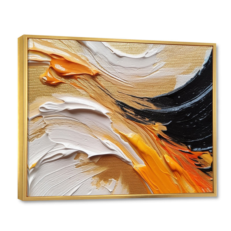 «Orange» et «Mystic Spirals» orange et noir, Cadre flottant doré, H 24 po x l 32 po x P 1 po