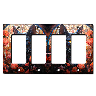 Metal Light Switch Plate Outlet Cover (Halloween Spooky Black Cat Autumn - Quadruple Rocker)