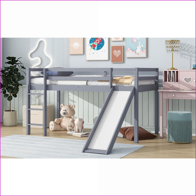 Lit mezzanine simple en bois d'hévéa avec glissade et amp; Échelle sans sommier nécessaire gris, Gris