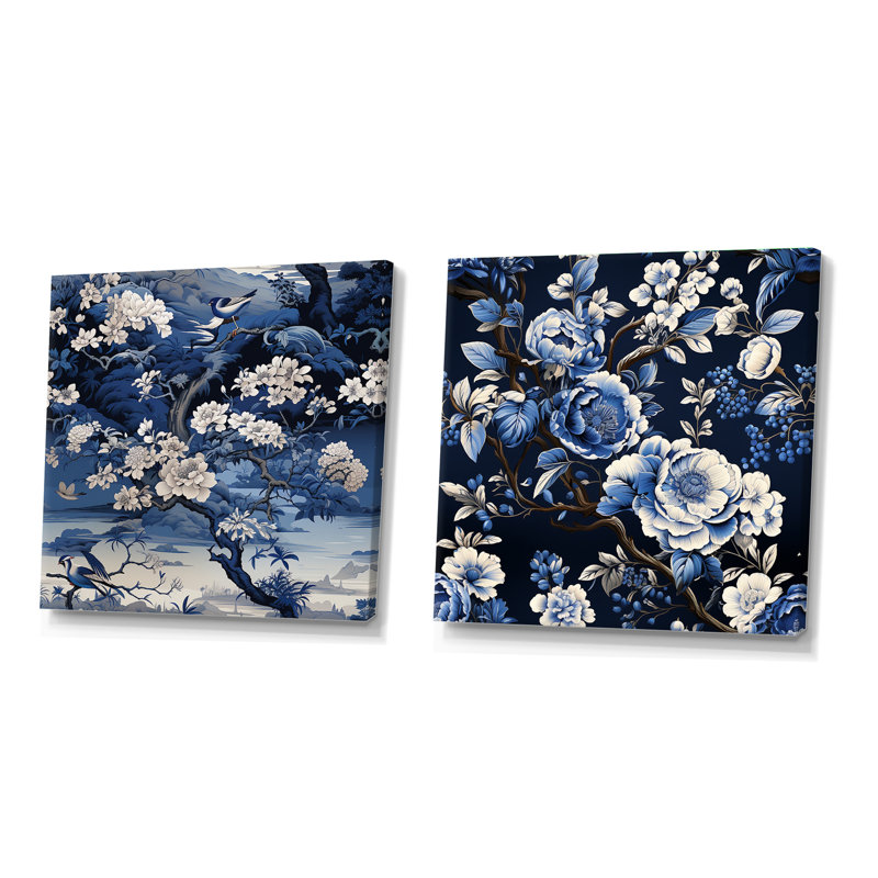 Ensemble de 2 collages carrés chinois à motif victorien chinois, Toile tendue, H 36 po x l 73 po