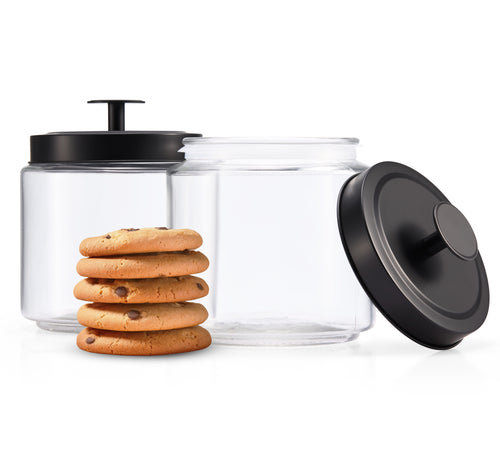 kook Glass Storage Canisters, 50 oz, Set of 2, Black Lid