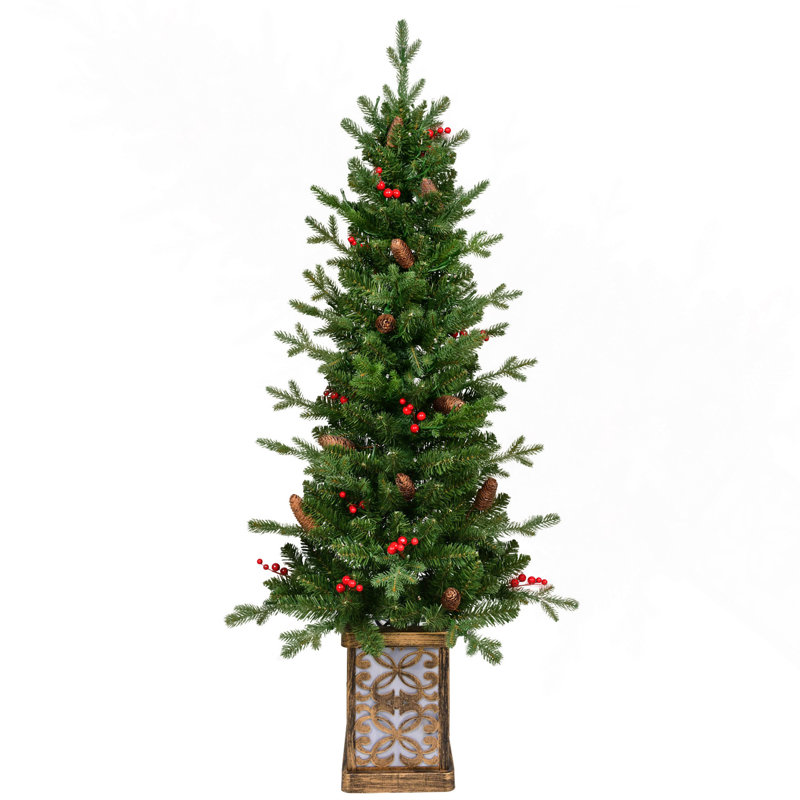 Arbre de Noël vert 4 pi avec base scintillante - 100 lumières DEL multicolores, 396 pointes, baies rouges et pommes de pin, branches pleines en PE / PVC, pot lumineux festif