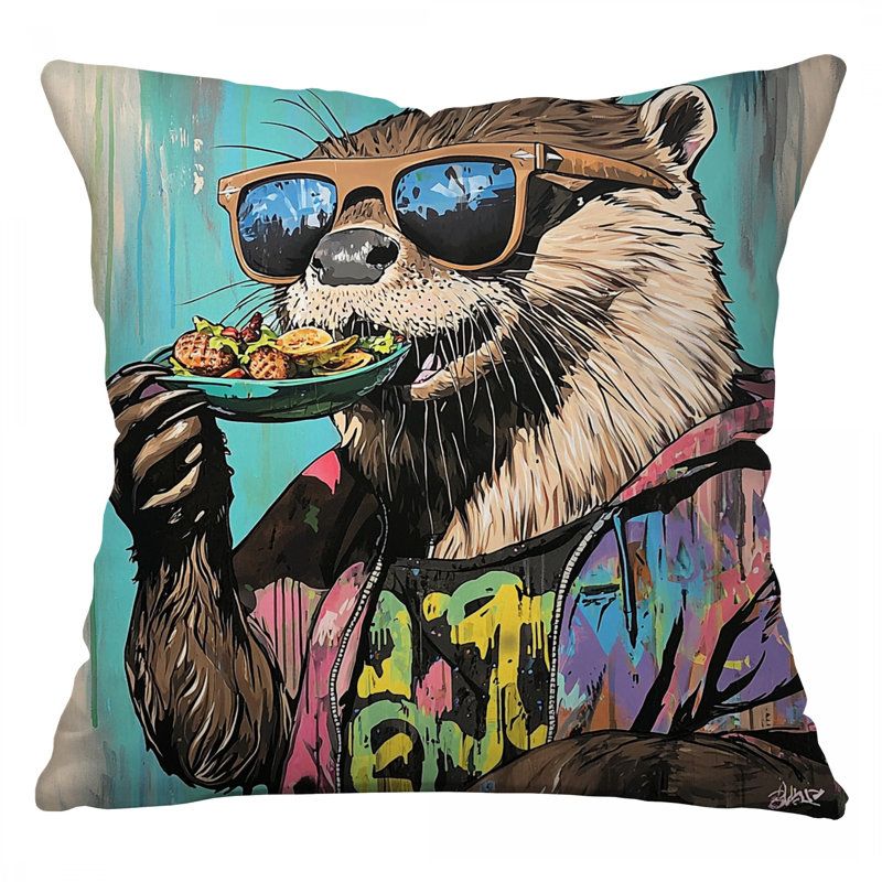 Coussin Otter Illustration, sergé de coton animal, Carré 14 po