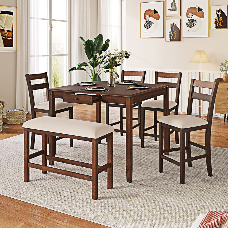Ensemble de table de salle à manger en bois 6 pièces avec tiroir de rangement Borgny, Noyer / Brun, Noyer, Noyer