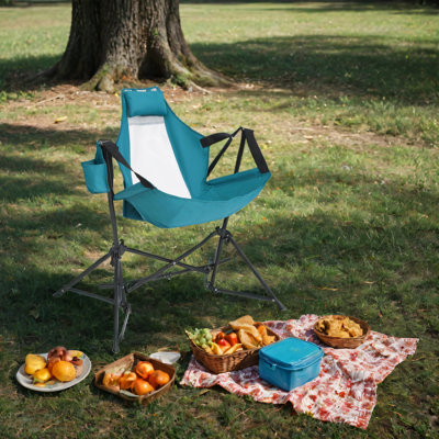 Chaise berçante pliante portative de camping en hamac, en alliage d'aluminium avec dossier réglable, équipée d'oreiller et de porte-gobelet, livrée avec un sac de transport, idéale pour les voyages en plein air, la pelouse et la cour (2 pièces)
