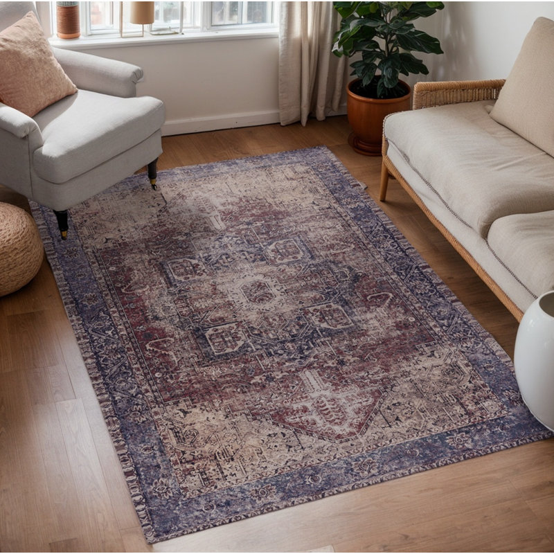 MAVAL Burgundy Washable Rug Doormat Rug, Rectangle 3' x 5'