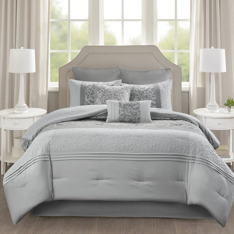 Édredon gris très grand 8 pièces - microfibre douce de luxe brodée et décoration imprimée