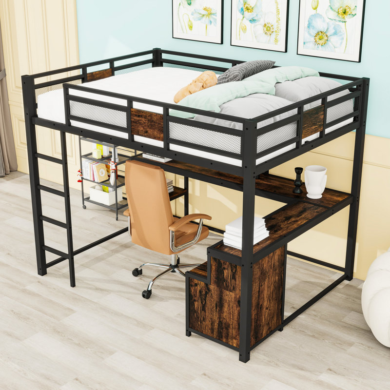 2 Drawers Queen Loft Bed With Desk, Shelves And Guardrails