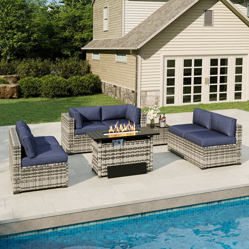 Ensemble de meubles de patio 8 pièces avec foyer au gaz propane, Bleu, Gris