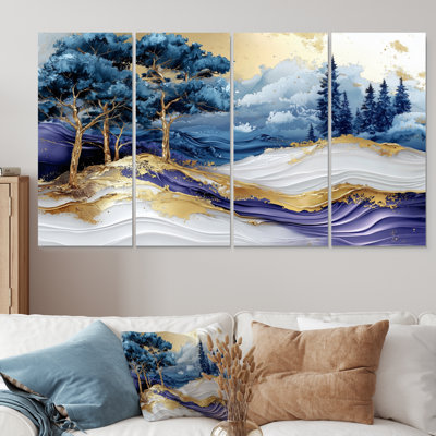 «Trees Aurora Over The Marble Peaks IV», art mural abstrait paysage - art mural moderne pour le salon, 4 pièces