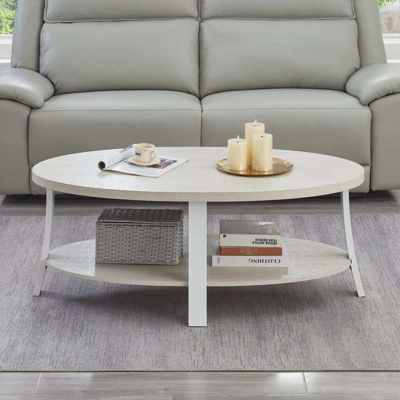Table basse ovale en bois à finition blanche avec tablette pratique et élégante, Blanc