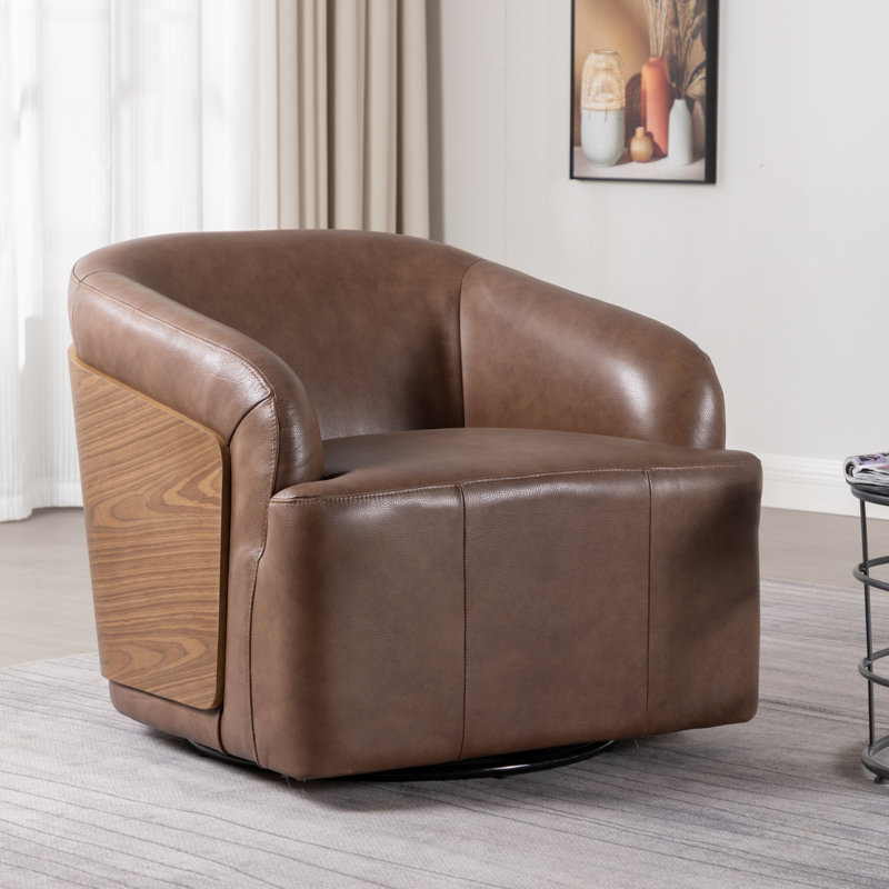 Fauteuil demi-tonneau pivotant en cuir véritable, Brun jaune