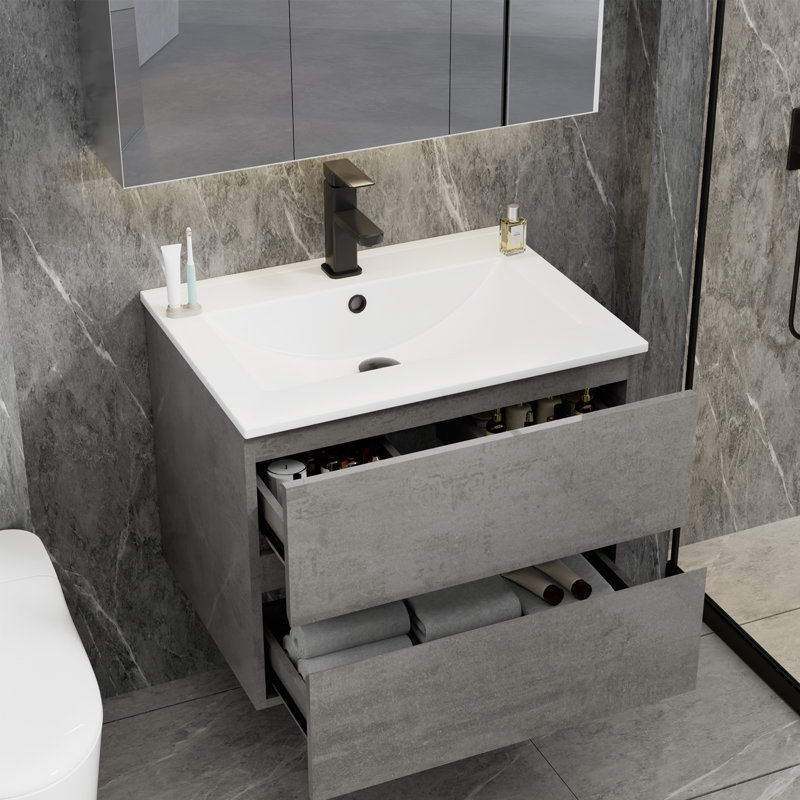 Jadaya Sharee 24" Modern Wall Mounted Bathroom Vanity with Ceramic Sink Top, Wood Tune Floating Cabinet, Gray Cement