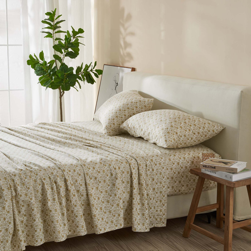 Ensemble de draps 100% coton, Ensemble de draps pour grand lit + un drap-housse , Motif floral géométrique, moutarde