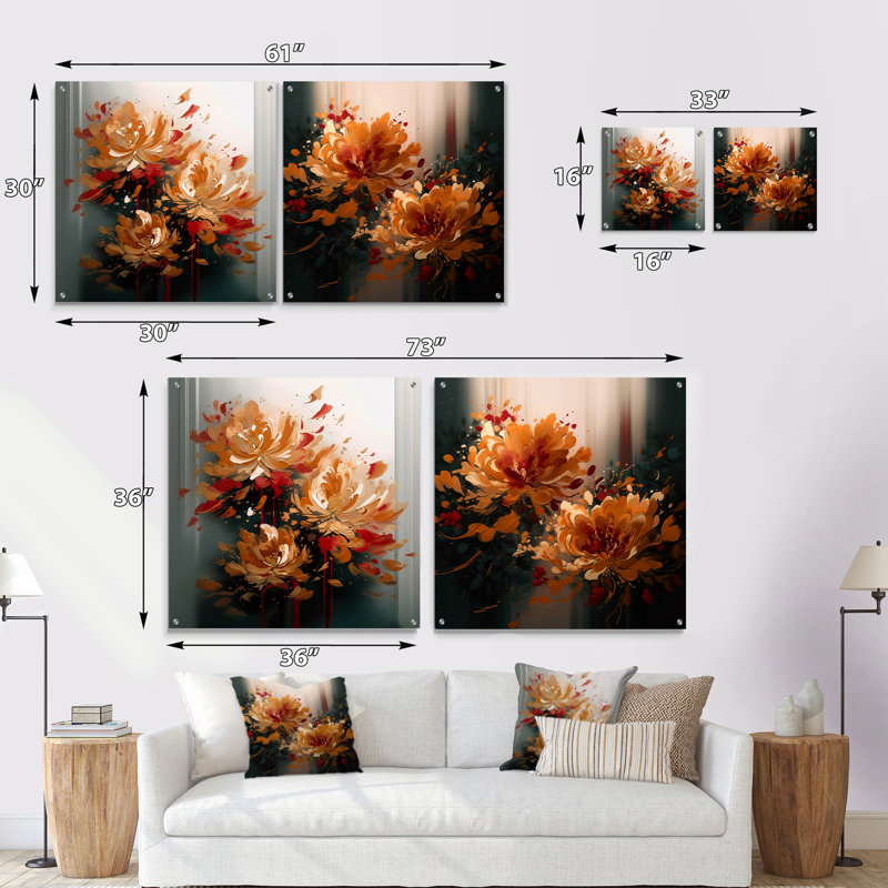 Golden Red Flower I - ensemble de 2 art mural en verre acrylique, H 36 po x l 73 po