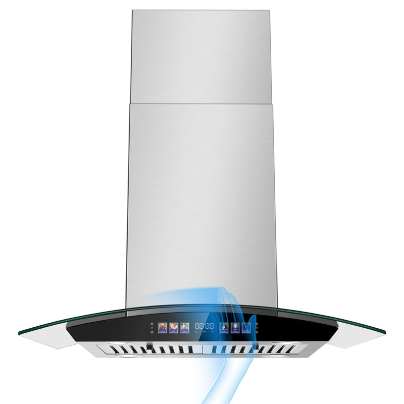 Hotte pour îlot de cuisine 30 pouces 700 Cfm, hotte de cuisine pour plafond, verre trempé avec détection des mouvements de couleur et contrôle tactile, ventilateur à 3 vitesses, 4 lumières à DEL, filtres à chicane permanents