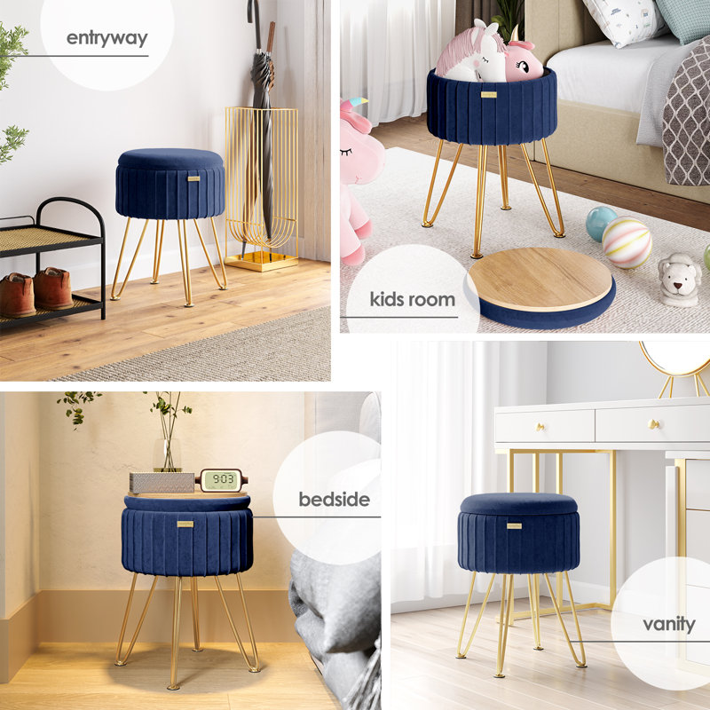 Round Pleated Velvet Ottoman with Storage, Gold, Blue
