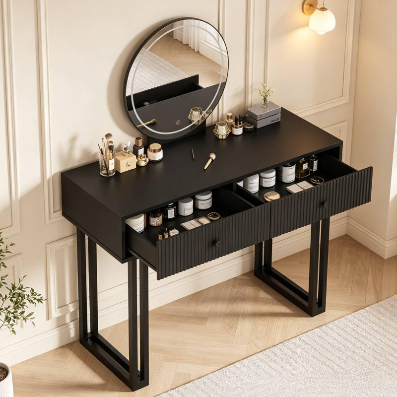 Coiffeuse moderne noire de 100 cm avec miroir DEL tricolore, 2 tiroirs de rangement et luminosité réglable – Table de maquillage pour chambre