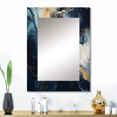 Or et bleu, peinture abstraite en marbre IV - grand miroir mural en marbre, miroir unique moderne, impression d'art en métal