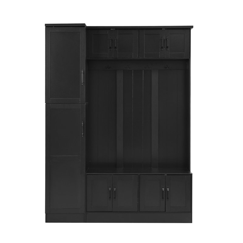 79'' Tall Modern Black Hall Tree – 4-in-1 Entryway Bench With 6 Cabinets, 4 Metal Coat Hooks & Adjustable Shelf, Anti-tip Kit, Durable Mdf, Easy Assembly For Hallway/living Room