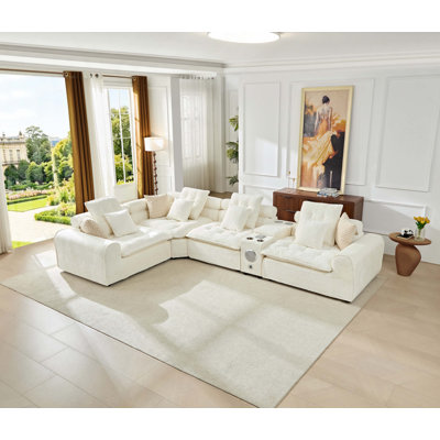 137.7" Fluffy Lamb Wool Sectional Sofa, Oversized Deep Seat L Shaped Modular Corner Couch, Plush Cloud Comfy Large Combination Sofa with Throw Pillows for Living Room