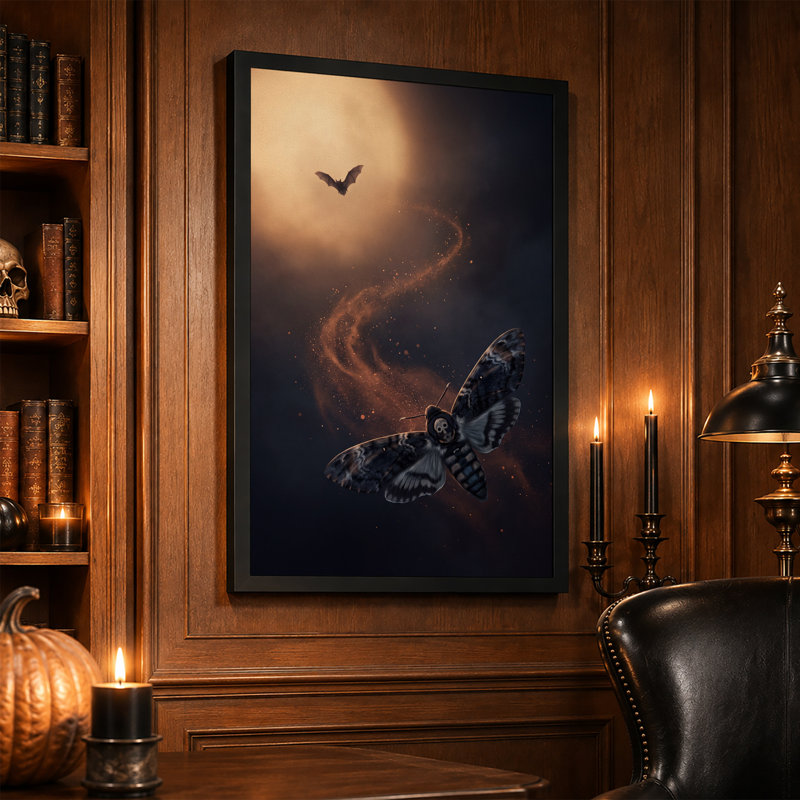 Toile murale d'Halloween surréaliste représentant un crâne, un papillon et une chauve-souris dans un ciel sombre et lumineux