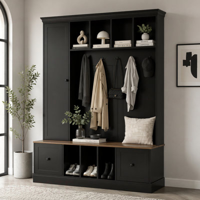 Arbre d'entrée 62,2 po avec banc de rangement pour chaussures, porte-manteau d'entrée avec 5 crochets, armoire à tablette réglable avec tiroirs