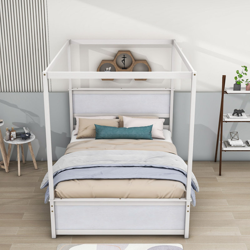 Sabrinia Full 4 Drawers Wood Canopy Bed, Brushed White