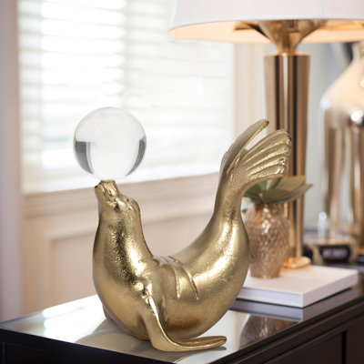 Charmante figurine de sculpture d'otarie - Objets et statues décoratifs pour la maison et décorations pour le salon - Décoration moderne pour décoration de cuisine et de table, ou accessoires de bureau - 7 po, doré