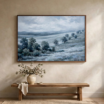 Pastoral Hills Landscape Painting Canvas Wall Art with Brown Floater Frame for Office, Horizontal Landscape Print, 20" H x 30" W