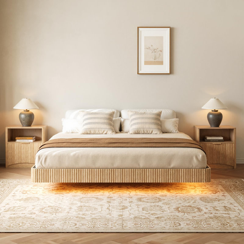 King Floating Bed Frame With Led Lights, Modern Fluted Floating Bedframe With Metal Slats, Ivory