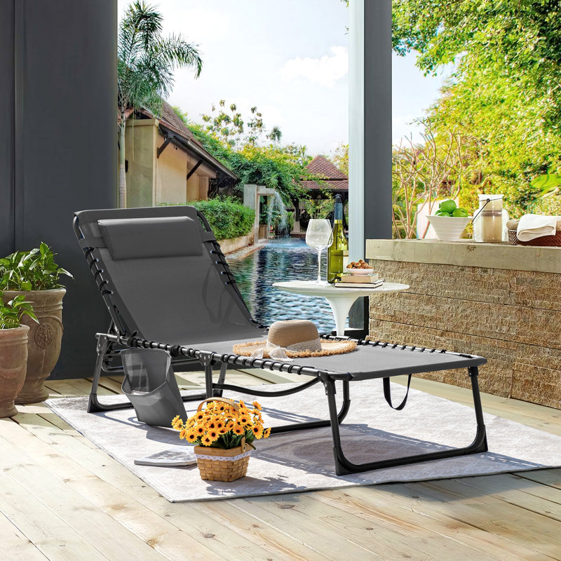 Serik 73.5" L Metal and Sling Folding Outdoor Chaise Lounge, Gray